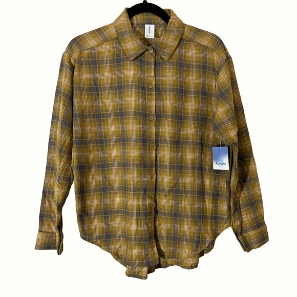 Abound NWT Women's Button Down Plaid Shirt Flannel Sz S Tan Pink Orange Long Slv - Picture 2 of 6